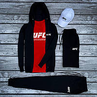 Спортивный костюм мужской UFC (ЮФС) осенний весенний красный-черный | Кофта + Штаны + Шорты + Футболка + Кепка