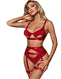 Жіночий комплект білизни бордового кольору ліф з кісточками, трусики та пояс, фото 4