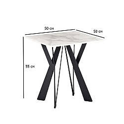 Кавовий столик кераміка квадратний Тео 50 см б'янко карарра з чорними металевими ніжками на балкон