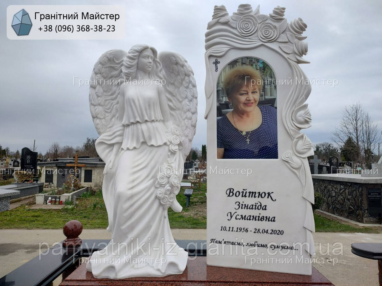 Красивий пам'ятник жінці зі скульптурою янгола П-165