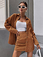Женский стильный вельветовый костюм тройка рубашка на пуговицах белый топ и юбка (бежевый, лавандовый,бутылка)