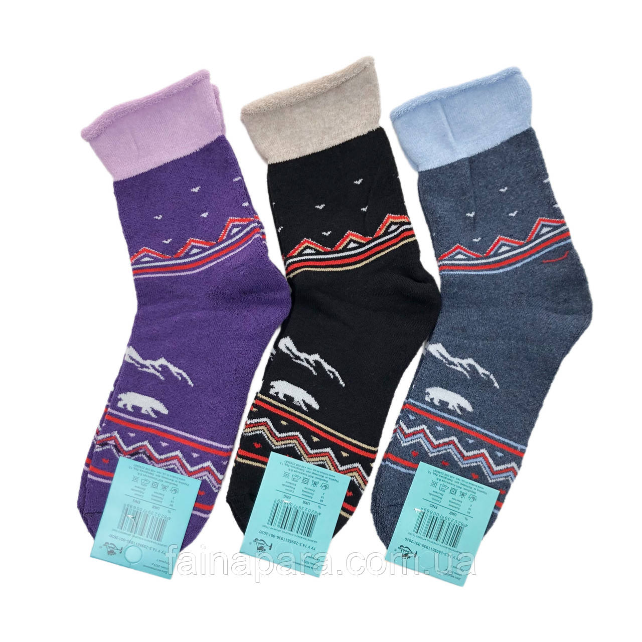 Жіночі махрові шкарпетки без резинки з візерунком (орнамент ведмідь), фото 1