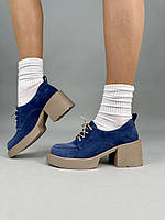 Туфли женские замшевые синего цвета на каблуке со шнуровкой