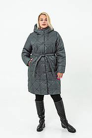 Куртка жіноча сіро графітового кольору зимова стьобана з поясом великого розміру 50