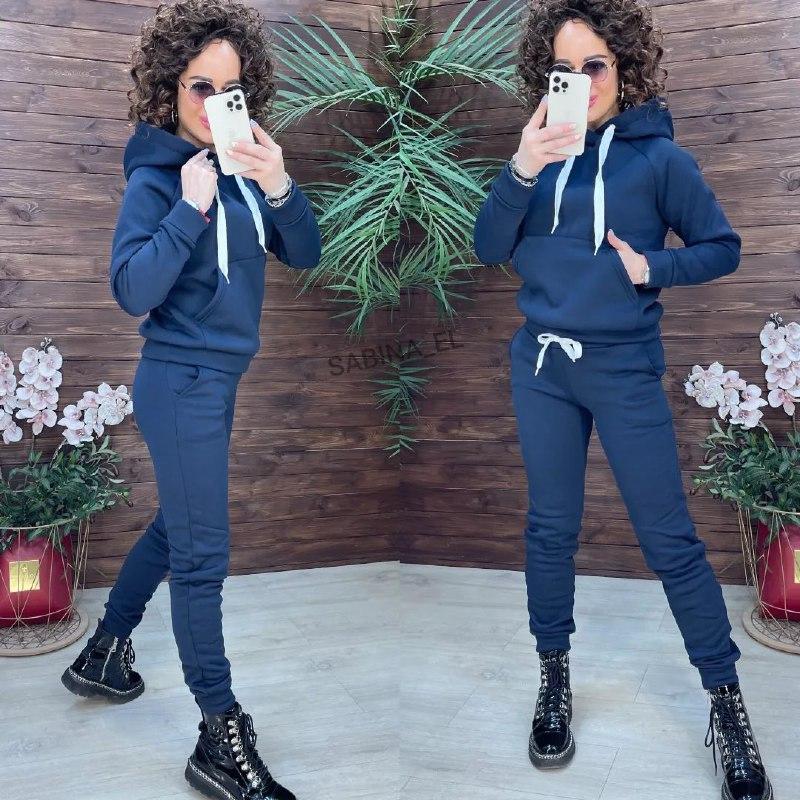 Жіночий базовий теплий костюм/комплект худі+джогери трьохнитка на флісі (Розміри 50,52,54,56), Синій