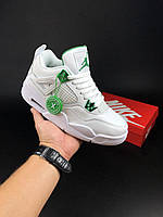 Женские стильные осенние кроссовки Nike Air Jordan Retro 4 White Cement, белые с зеленым кожа