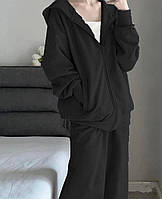 Женский костюм в стиле оверсайз, зип-худи на молнии с капюшоном и свободные штаны (черный, серый меланж)