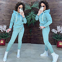 Жіночий базовий теплий костюм/комплект худі+джогери тринитка на флісі (Розміри 46,48), М'ятний