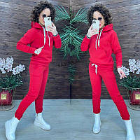 Жіночий базовий теплий костюм/комплект худі+джогери трьохнитка на флісі (Розміри 44,46,48), Червоний