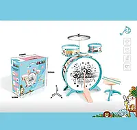 Детский музыкальный барабан со стульчиком M 4203 В наборе 3 барабана, тарелка, палочки / цвет голубой