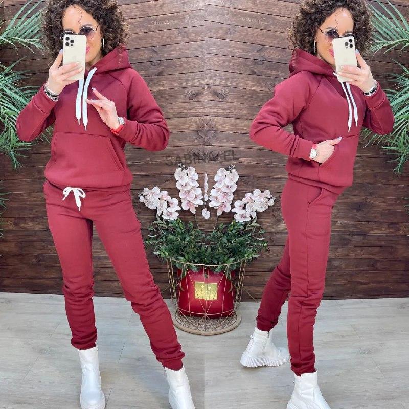 Жіночий базовий теплий костюм/комплект худі+джогери трьохнитка на флісі (Розміри 42,44,46,48), Бордовий