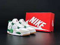 Женские стильные осенние кроссовки Nike Air Jordan Retro 4 White Cement, белые с зеленым кожа