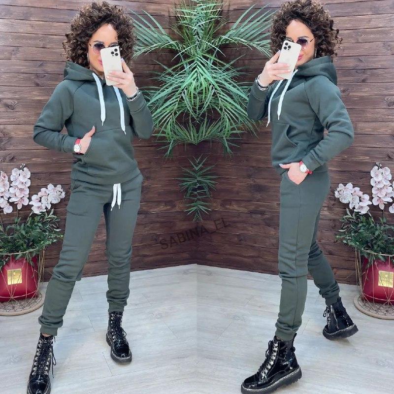 Жіночий базовий теплий костюм/комплект худі+джогери трьохнитка на флісі (Розміри 44,46,48), Хакі