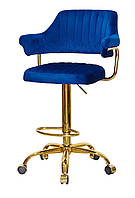 Высокий стул Jeff BAR GD-Office велюр синий В-1026, золотая крестовина с колесами, регулировка высоты