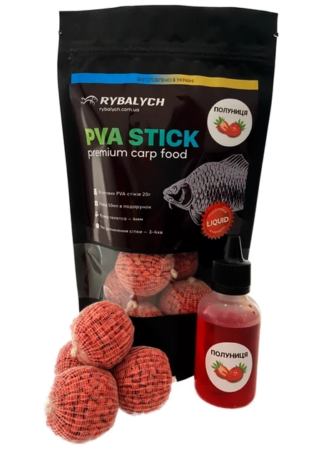 PVA Stick Rybalych Полуниця 300 гр 4 мм + Ліквід 50мл (ПВА стік)