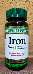 Залізо Iron Natures Bounty 65mg Сульфат заліза 325мг Кровітворення Гемоглобін Кисень