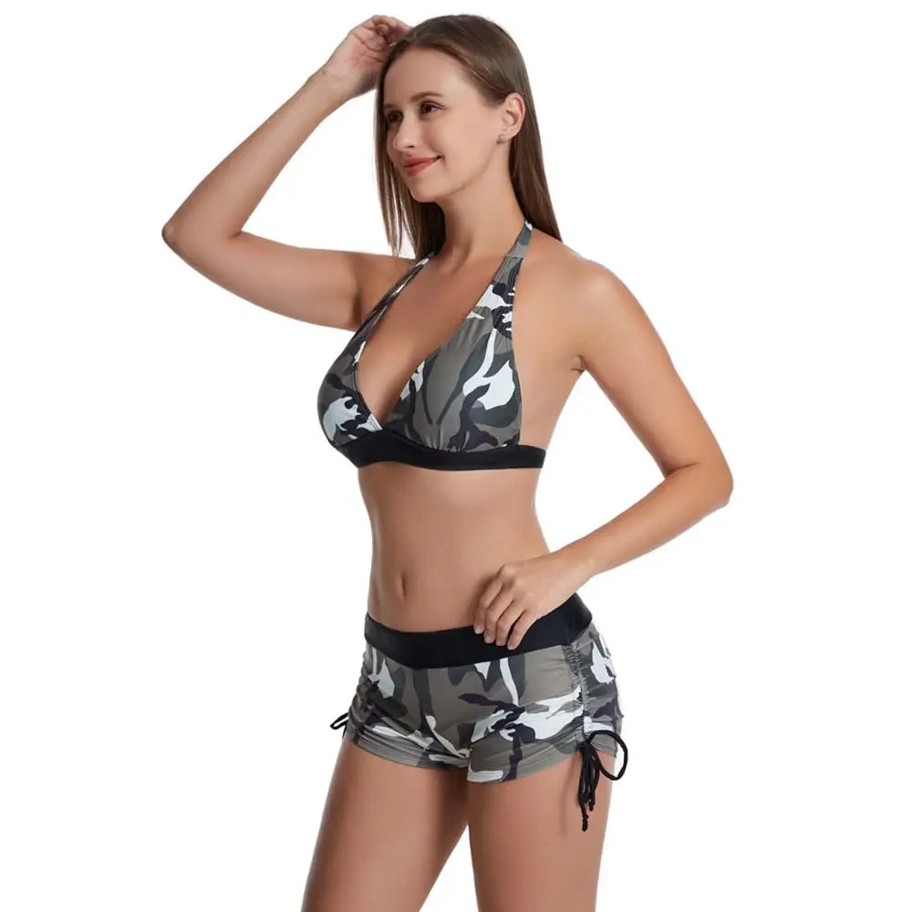 Жіночий роздільний камуфляжний купальник низ шортики, ліф на зав'язках, фото 1