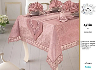 Прямоугольная однотонная скатерть велюровая 160 300см 12 салфеток, скатерть на стол с ранером Пудровый