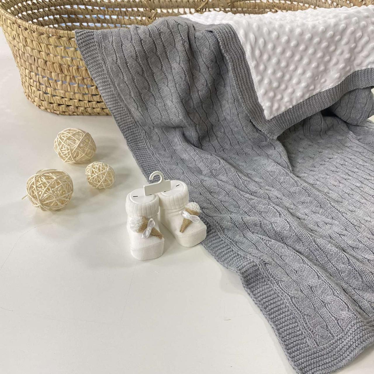 Плед в'язаний утеплений сірого кольору з плюшем мийки 95*75 см (90% бавовна, 10% акрил), фото 1