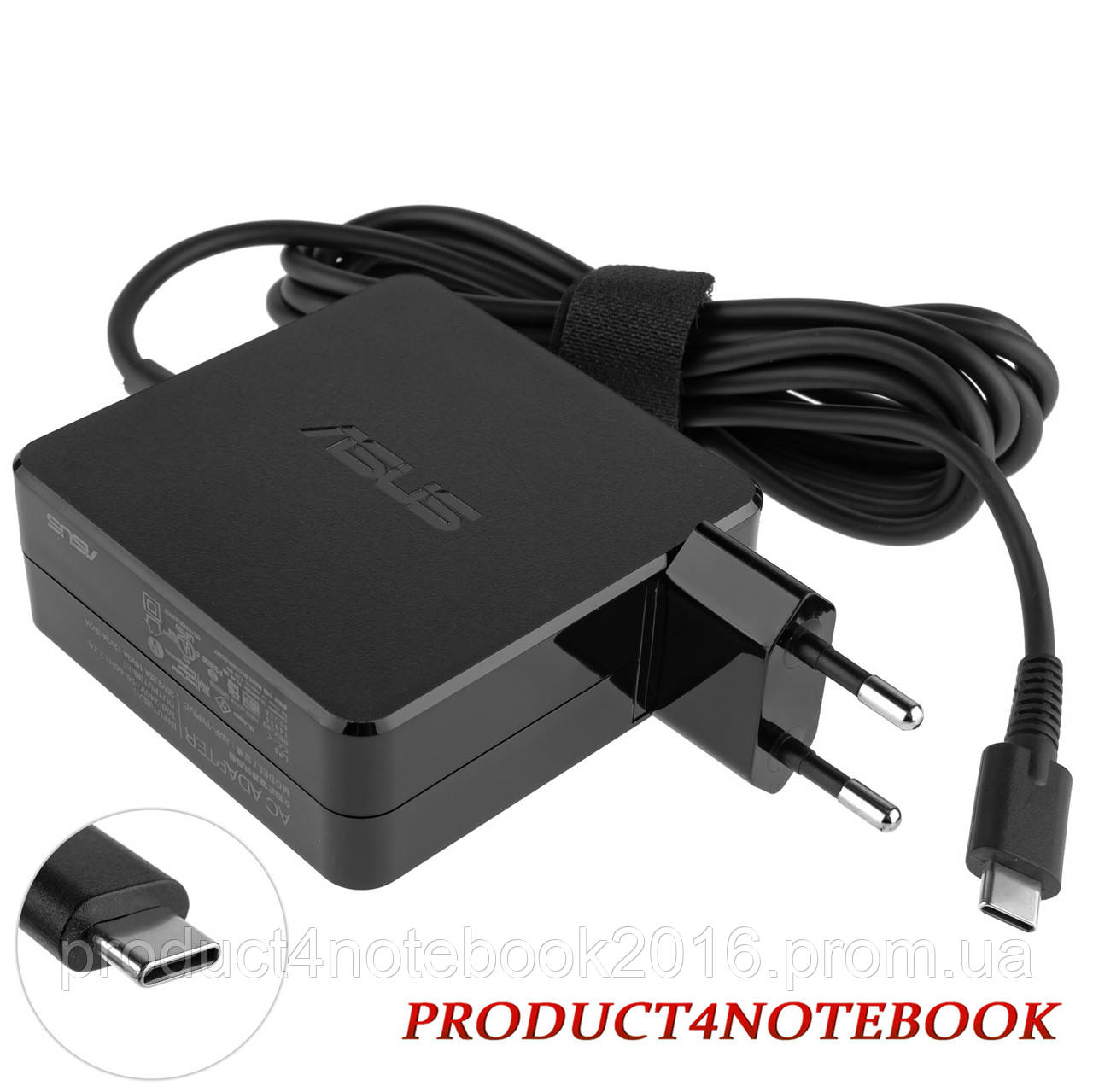 Оригінальний блок живлення для ноутбука ASUS USB-C 65 W, Type-C, квадратний, адаптер + перехідник, Black