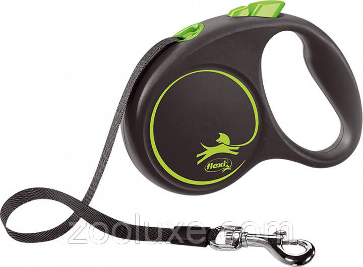 Повідець-рулетка для собак Flexi Black Design S, 5 м, стрічка, зелений/Ролетка для собак Флексі/Повідець для