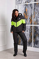 Тёплый лыжный зимний женский костюм штаны куртка на овчине с капюшоном черный лимон 42 44 46 48 50 52 54 56 Чёрный лимон, 44