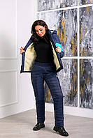 Тёплый лыжный зимний женский костюм штаны куртка на овчине с капюшоном тёмно-синий мята42 44 46 48 50 52 54 56