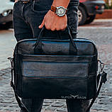 Чоловіча чоловіча шкіряна сумка місткий портфель шкіряний для документів ноутбуку офісу Tiding Bag чорна для ділового чоловіка, фото 2