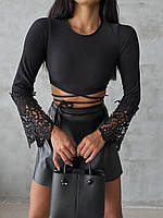Женская стильная базовая красивая однотонная кофта с кружевом (чёрный, беж)