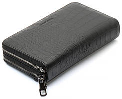 Гаманець клатч з фактурної натуральної шкіри на дві блискавки портмоне з ремінцем Marco Coverna чорний чоловічий 20,5х12х4 см