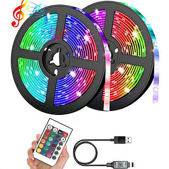Комплект 2 шт Світлодіодна RGB стрічка 2м, 5050, від USB + пульт / LED підсвічування для телевізора вологозахищене