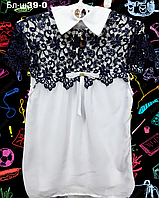 Блуза шкільна для девочки бело синяя с гипюром