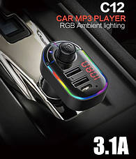 FM трансмітер модулятор C12 з Bluetooth 5.0 Автомобільна подвійна зарядка USB Чорний, фото 2