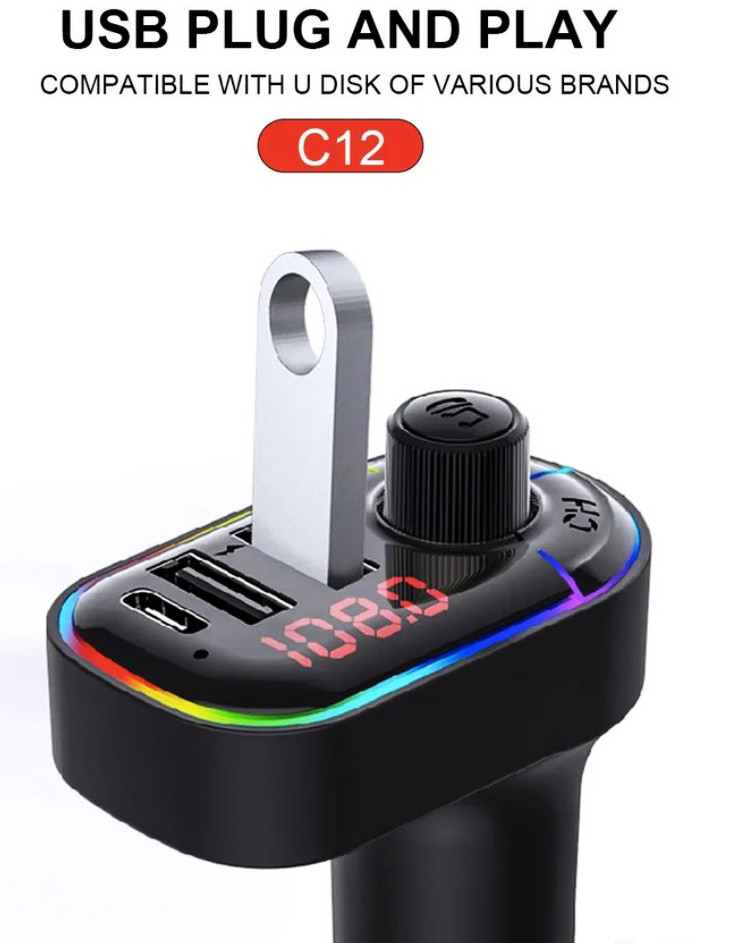 FM трансмітер модулятор C12 з Bluetooth 5.0 Автомобільна подвійна зарядка USB Чорний