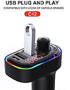 FM трансмітер модулятор C12 з Bluetooth 5.0 Автомобільна подвійна зарядка USB Чорний