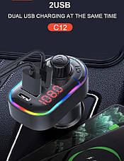 FM трансмітер модулятор C12 з Bluetooth 5.0 Автомобільна подвійна зарядка USB Чорний, фото 4