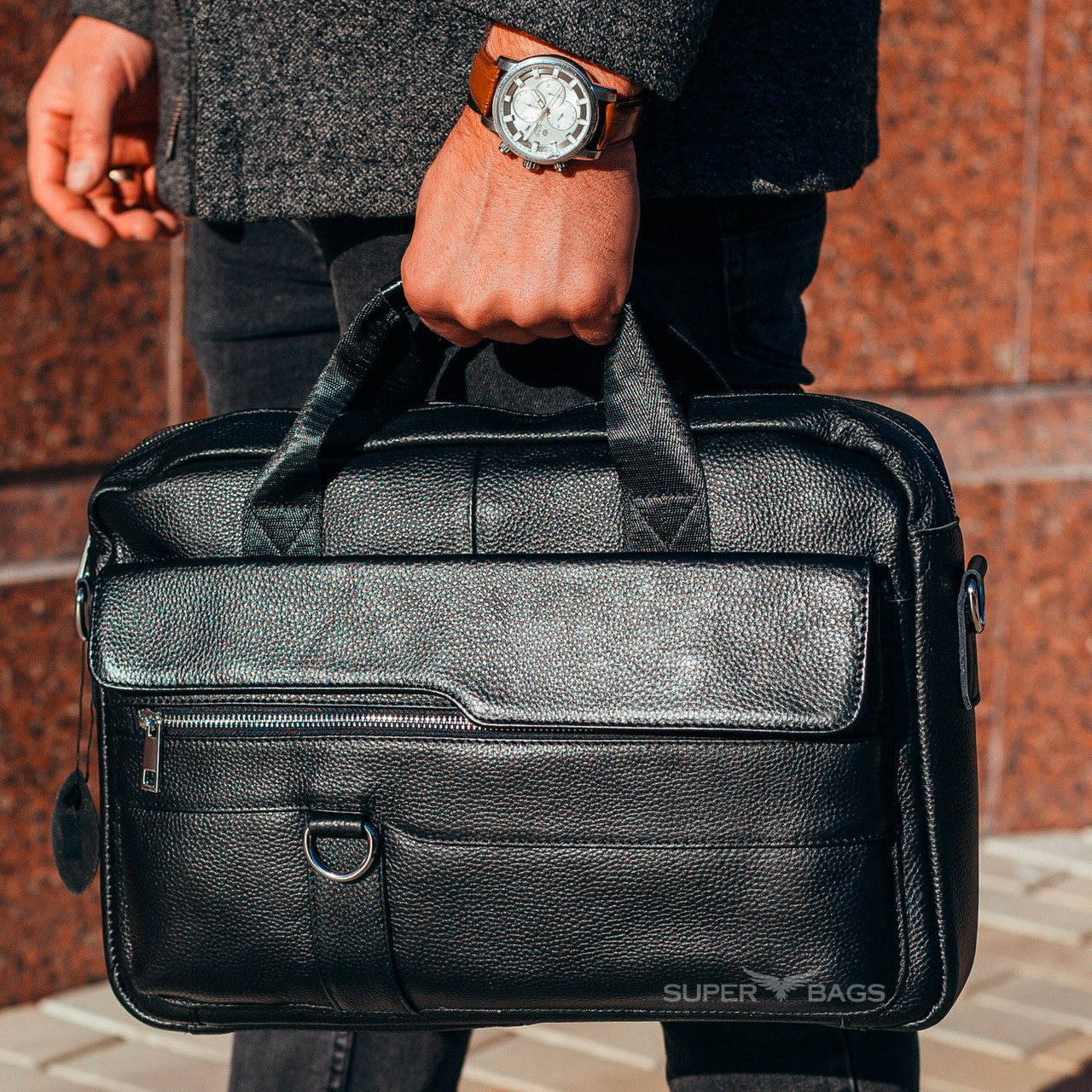 Чоловіча шкіряна сумка місткий портфель для документів ноутбуку офісу шкіряний Tiding чорна шкіра для стильного чоловіка