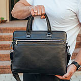 Чоловіча шкіряна сумка на два відділення шкіряний портфель для документів ноутбука офісу чорна для чоловіка, фото 2