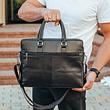 Чоловіча шкіряна сумка на два відділення шкіряний портфель для документів ноутбука офісу чорна для чоловіка, фото 3