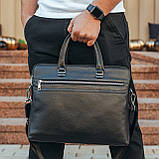 Чоловіча шкіряна сумка на два відділення шкіряний портфель для документів ноутбука офісу чорна для чоловіка, фото 4