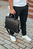 Чоловіча шкіряна сумка на два відділення шкіряний портфель для документів ноутбука офісу чорна для чоловіка, фото 7