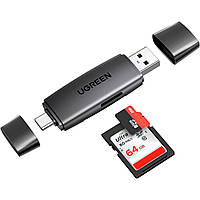 Кардридер Ugreen USB 3.0 +Type-C для TF SD Micro SD 5 Гбіт/с для Читання Карт Пам'яті USB-A + USB-C Перехідник Чорний
