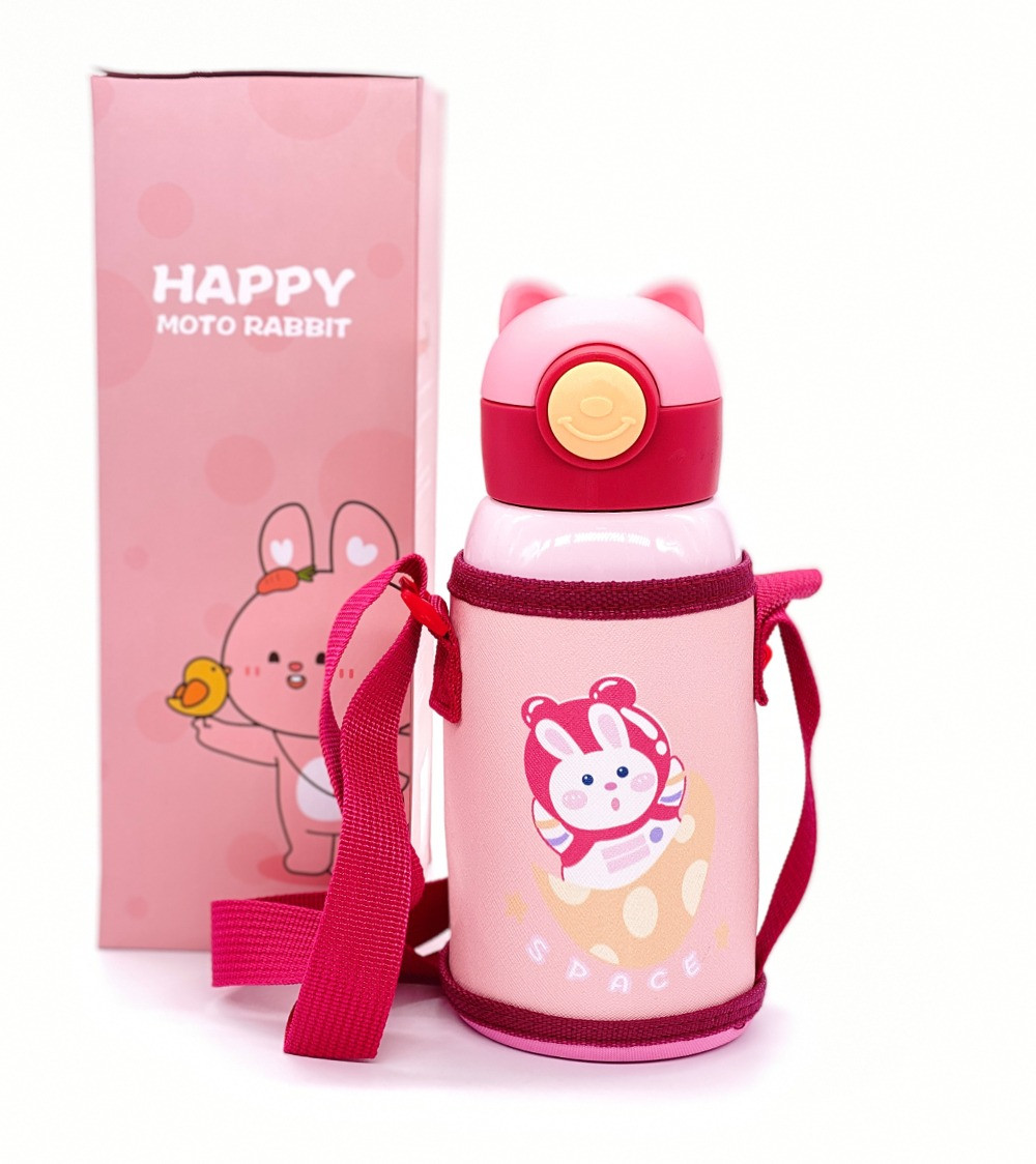 Термос дитячий з трубочкою/чашкою в чохлі на шнурку «Space» рожевий — 500 мл (LB-103924), фото 1