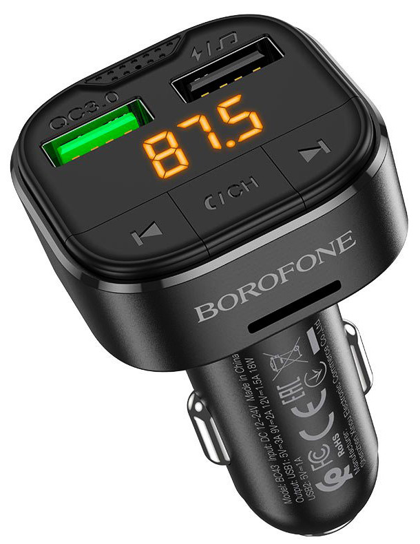 FM трансмітер модулятор Borofone BC43 Flash QC3.0 Bluetooth Автомобільний зарядний пристрій Чорний