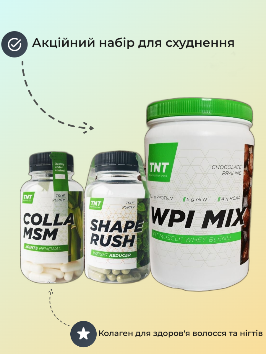 TNT Nutrition Набір для схуднення WPI MIX + Shape Rush + Колаген 1.5 кг — Жіночий комплекс для спалювання жиру та пружності шкіри Шоколадне праліне, фото 1