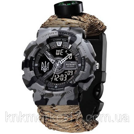 Тактичний багатофункціональний годинник Patriot 005 Тризуб срібло Сірий камуфляж Паракордовий ремінець Desert Camo + Короб, фото 1