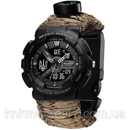 Тактичний годинник Patriot 005 Тризуб срібло Чорний Паракордовий ремінець Desert Camo + Коробка, фото 1