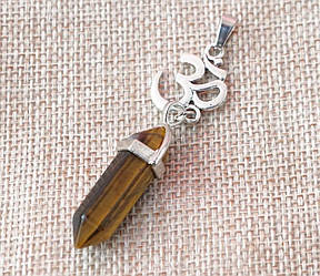 Кулон білий метал "ОМ" вставка Тигрове око