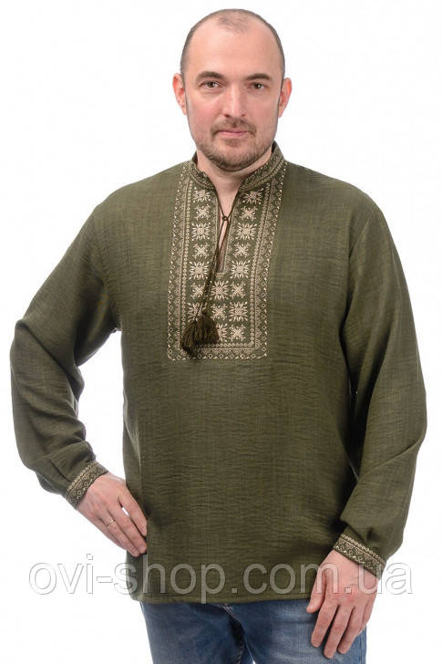 Чоловіча вишиванка з довгим рукавом хакі, фото 1