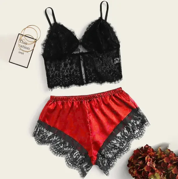 Літня піжама мереживний топ та атласні трусики, фото 1